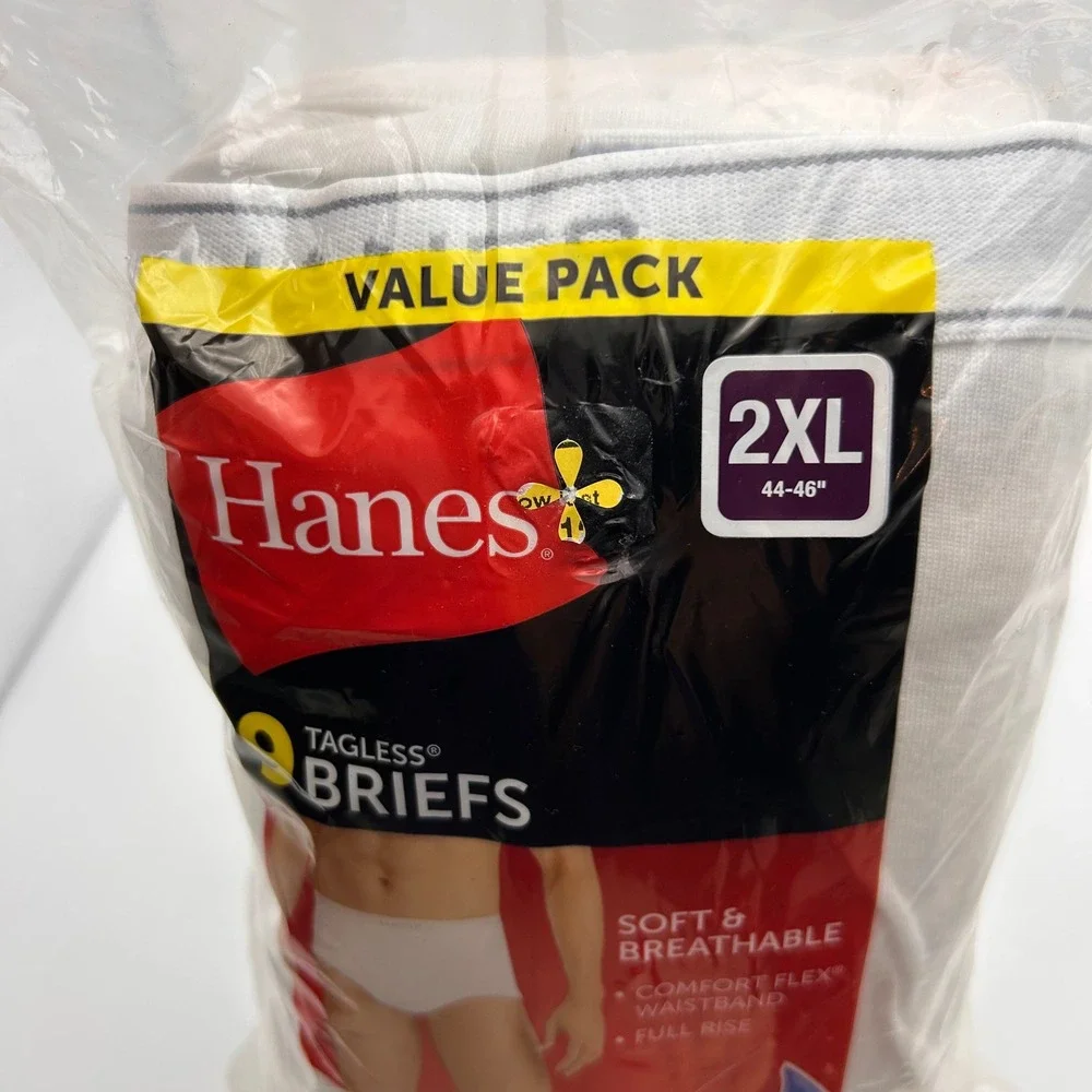 Hanes Mens 9 Pack Tagless Briefs White 100% Cotton Full Rise Underwear 2XL 44-46